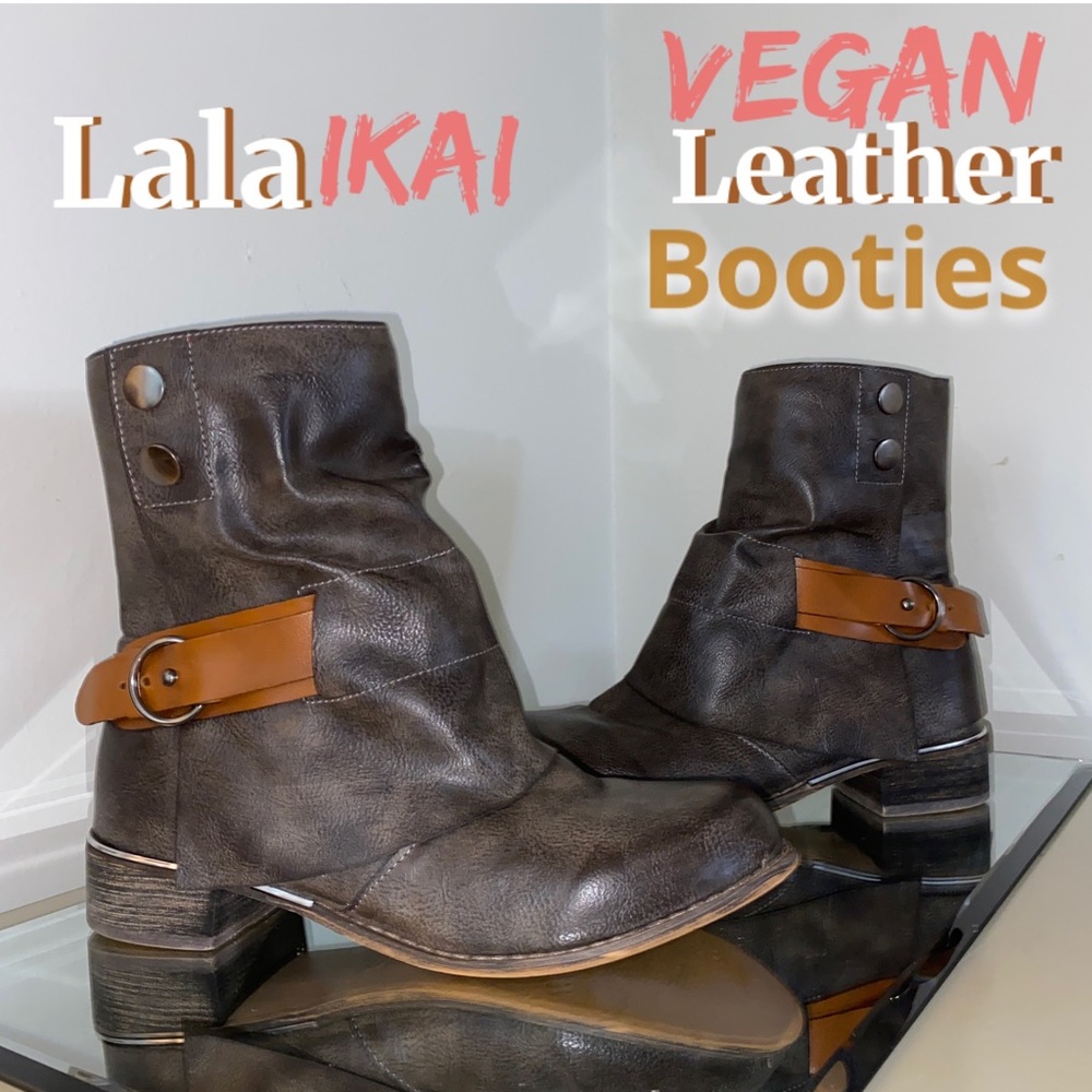 Gray Vegan Leather Moto Boots Styled w/Strap & Buckle by Lala Ikai